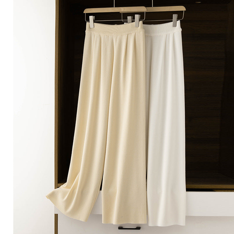 storexq Summer White Ice Silk Wide-Leg Pants Women's Thin High Waist Drooping Cool Pants Casual Straight-Leg Knitted Narrow Long Pants