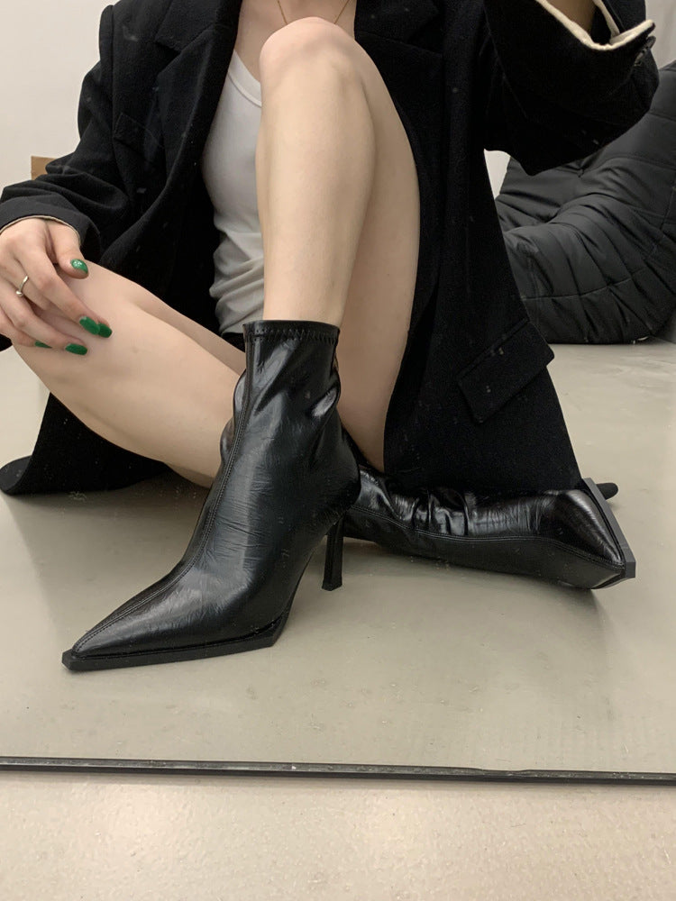 2025 2025 pointed-toed thin-heeled high-heeled short boots women's boots popular new models and ankle boots spring and autumn single boots soft leather thin boots