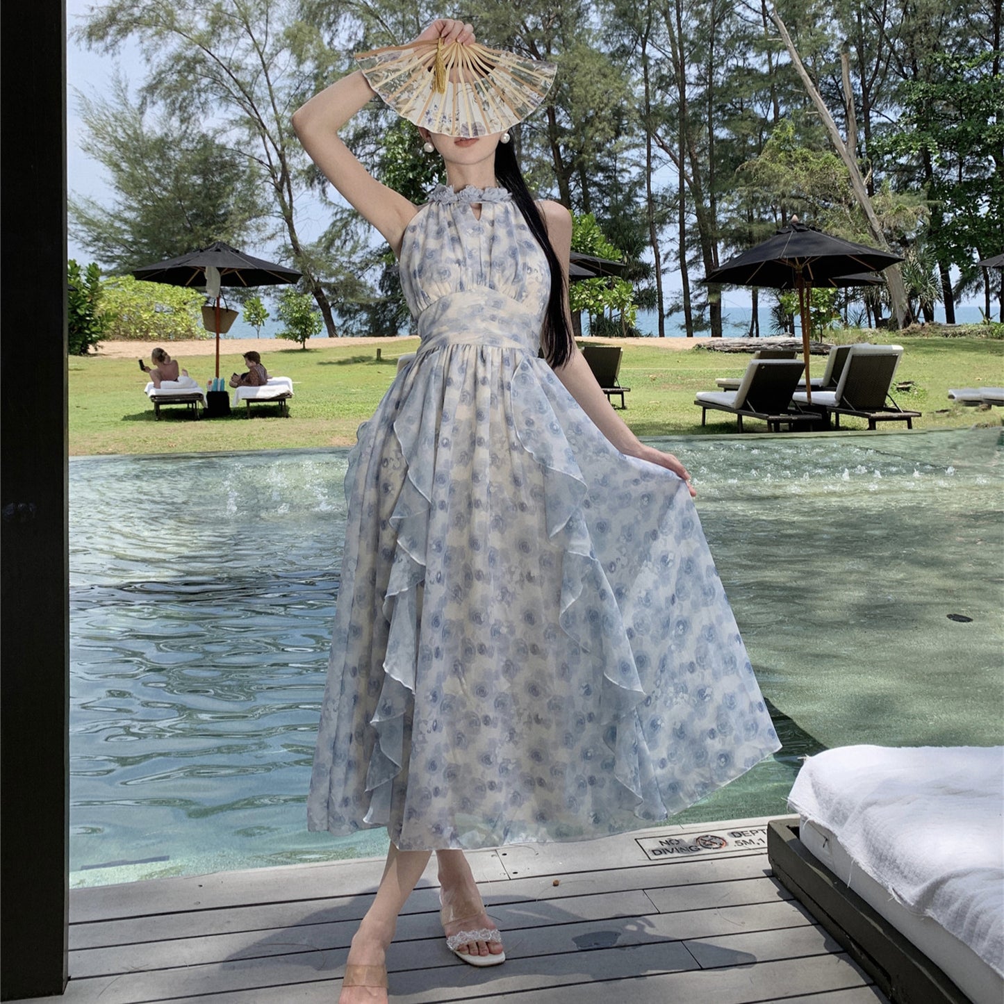 2025 Blue floral temperament off-the-shoulder stand-up collar printed ruffle edge dress neck long dress seaside vacation wind beach dress