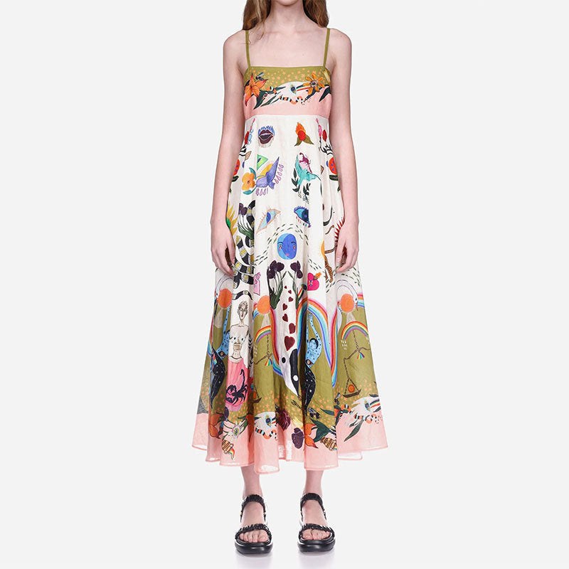 STOREXQ New autumn new -border  temperament elegant printing painted waist suspender long pendulum dress