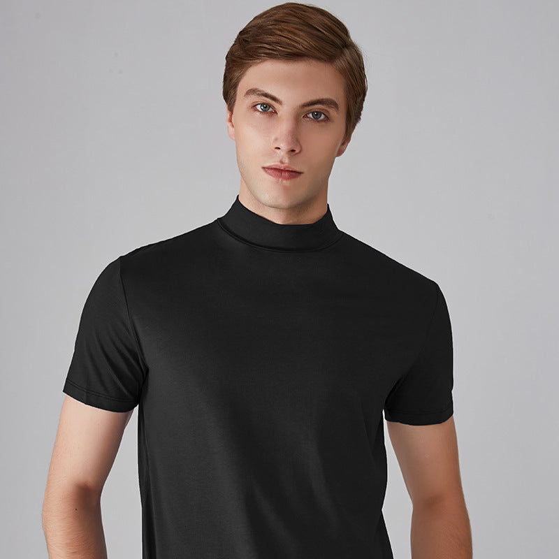 Wholesale Foreign Trade Men's Small Turtleneck Short Sleeve Teen T-shirt Mid Collar Pure Color Half Collar Daily Half Sleeve Bottoming Shirt