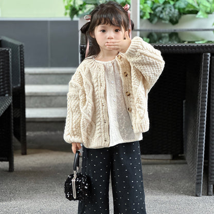 Caviar children's clothing new girls autumn and winter new hollow knitted cardigan versatile hook twist sweater jacket