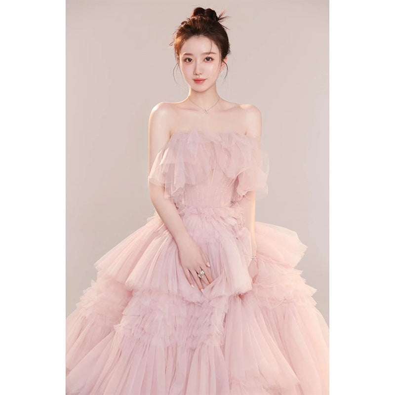 2025 Light wedding dress temperament girl studio theme wedding photography outdoor photo dress pink white color yarn tube top