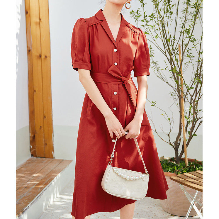 2025 Heavy mulberry silk red  dress summer wear women's clothing  summer new silk coffee break dress