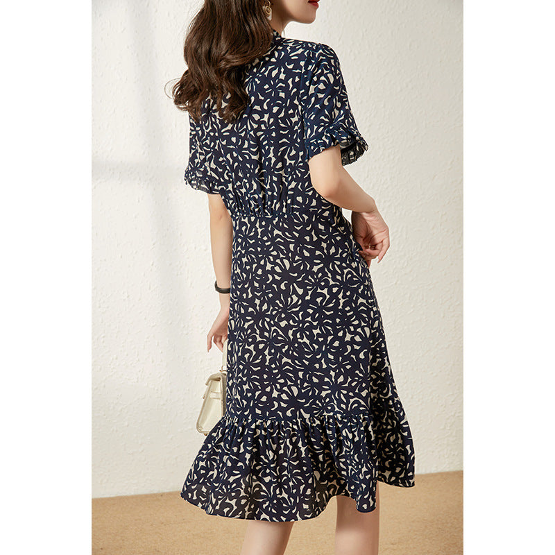 2025 Silk fishtail dress bow floral dress  summer women's clothing mulberry silk medium and long first love coffee break dress