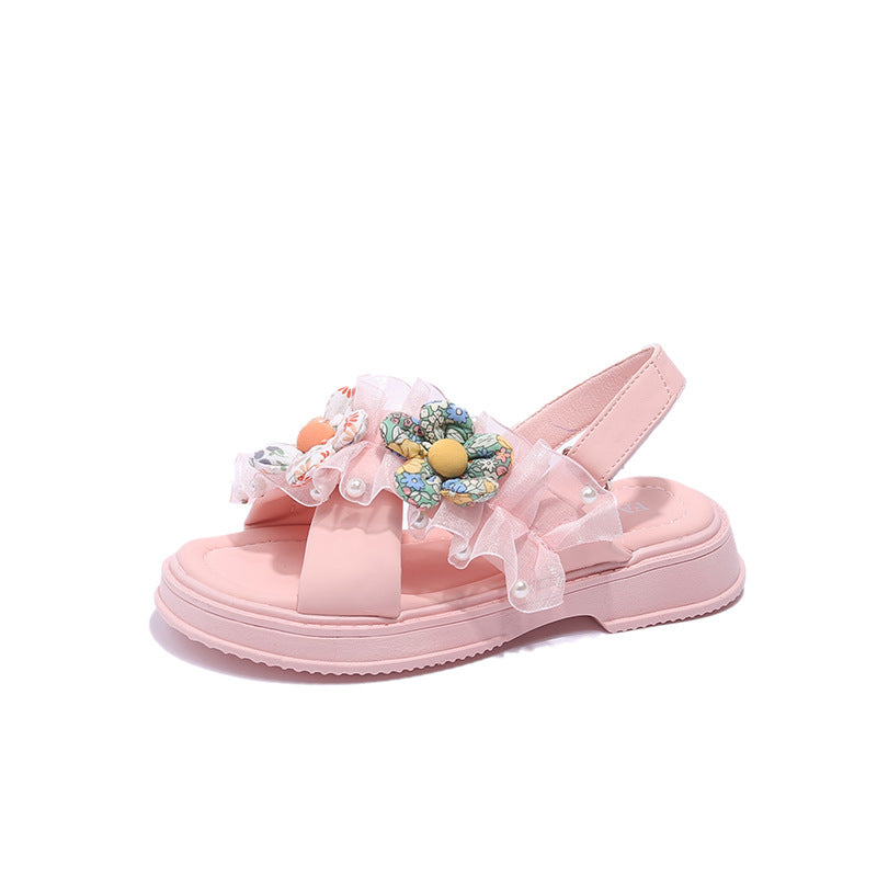 STOREXQ Girls  Summer New Sandals Medium and Large Children's Soft Bottom Cross Beach Shoes Baby Princess Shoes Flower Children's Shoes