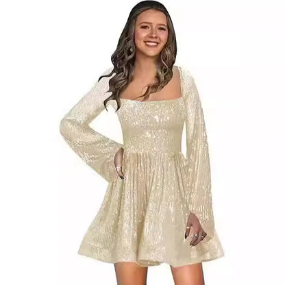 STOREXQ 2025 popular Autumn Shiny Sequins Alumni Dress Long Sleeve A-Shaped Square Neck Short Mini Cocktail Dress