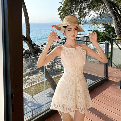 2025 Early spring new pure desire vacation style backless lace dress women's high-end seaside beach suspender dress