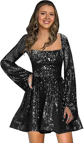 STOREXQ 2025 popular Autumn Shiny Sequins Alumni Dress Long Sleeve A-Shaped Square Neck Short Mini Cocktail Dress