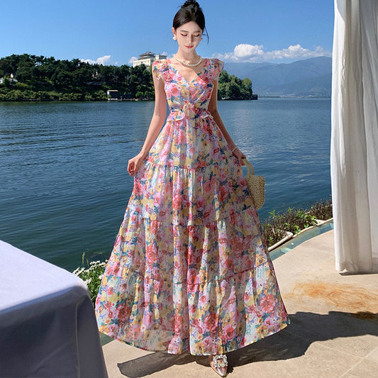 2025 Beach dress long dress elegant floral V-neck dress women's summer seaside vacation long skirt backless lace-up skirt