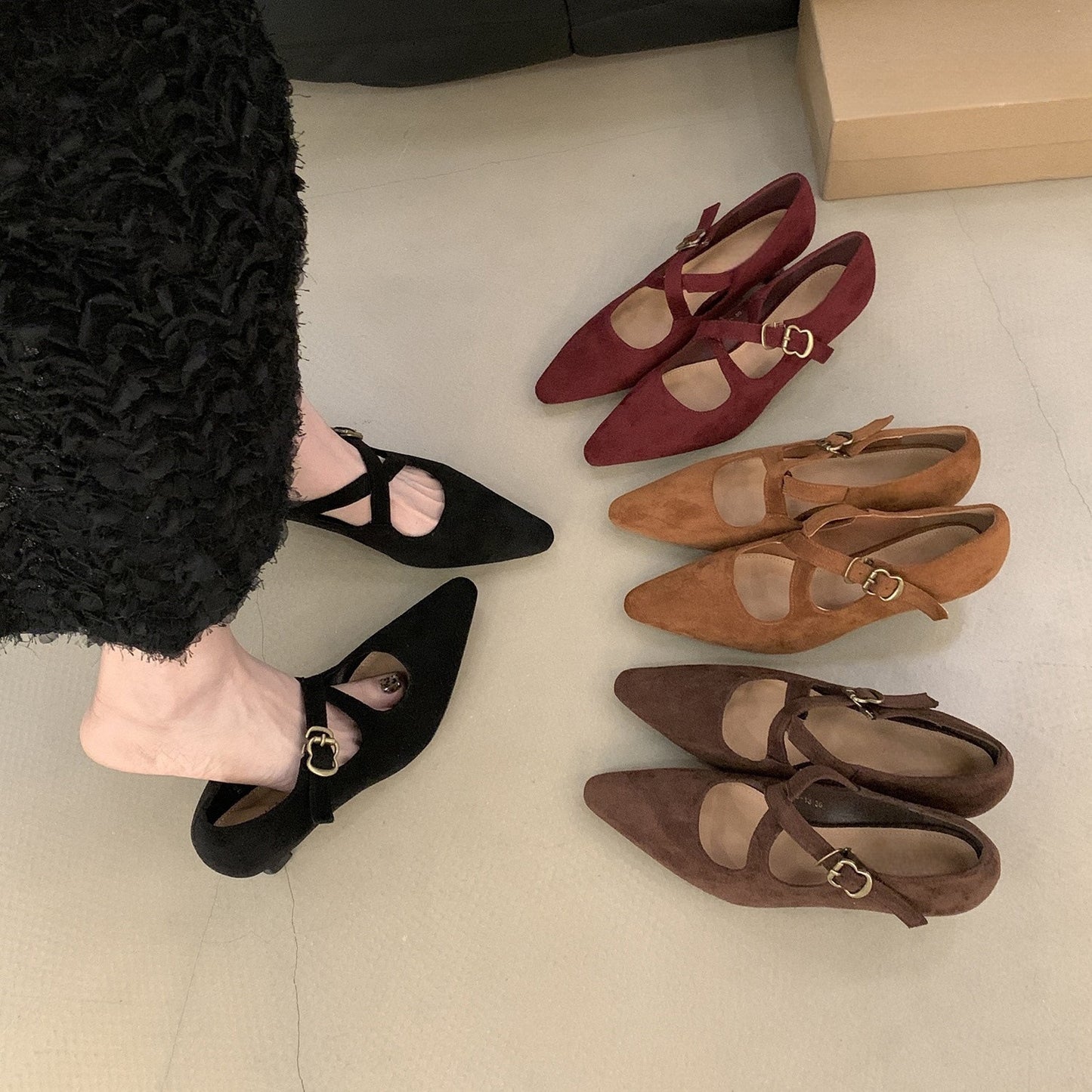 2025 premium red thin heel Mary Jane shoes women's popular autumn and winter suede temperament medium heel pointed commuter evening shoes