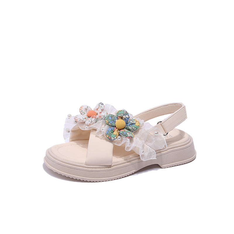 STOREXQ Girls  Summer New Sandals Medium and Large Children's Soft Bottom Cross Beach Shoes Baby Princess Shoes Flower Children's Shoes