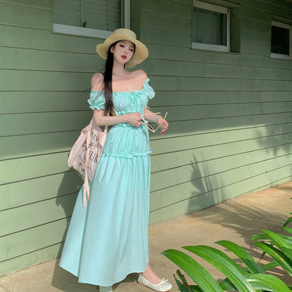 2025 Mint green white off-the-shoulder dress dopamine island wear with backless fairy skirt Thailand Sanya beach dress