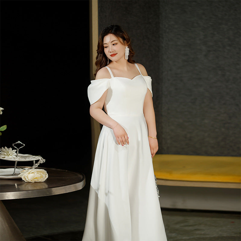 2025 Large size fat mm evening dress dress women's studio shooting engagement dress one-word shoulder  certificate registration small white dress