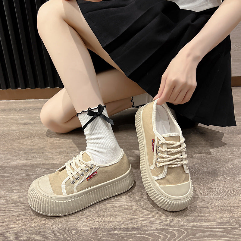 storexq Summer New Trendy Women's Shoes Korean Style Canvas Shoes Thick Bottom Bread Shoes Fashion Ins White Shoes Platform Shoes Soft Bottom