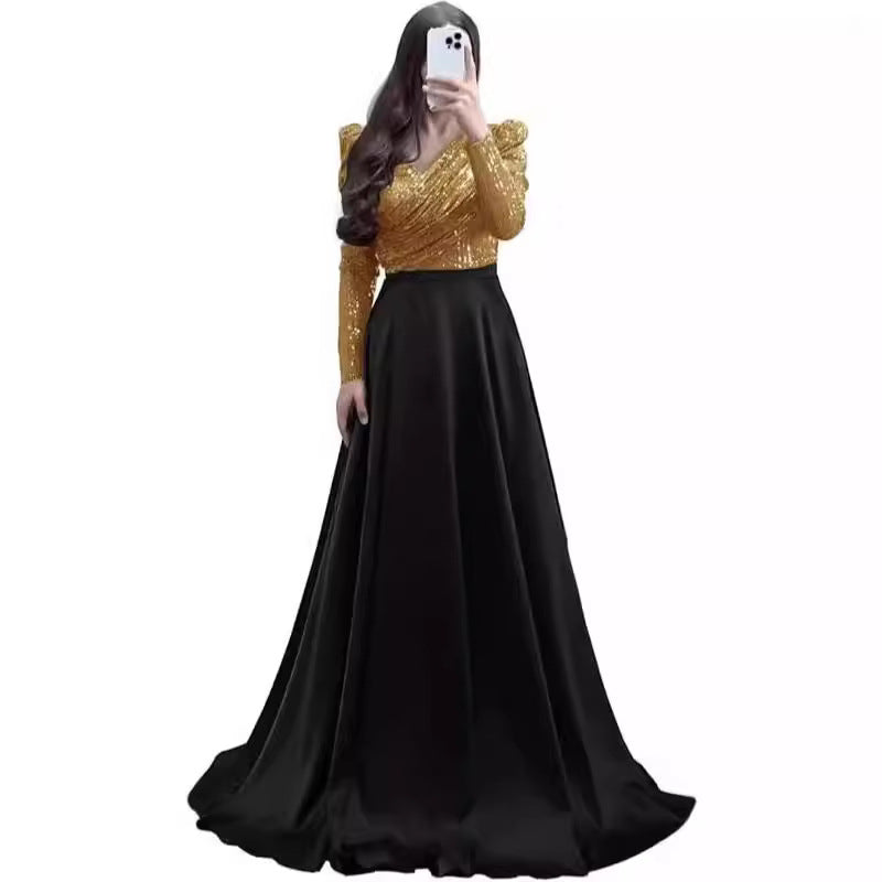 STOREXQ 2025 popular New high-waisted skirt set, base medium and long skirt, long-sleeved double-color temperament commuting deep V big pendulum dress