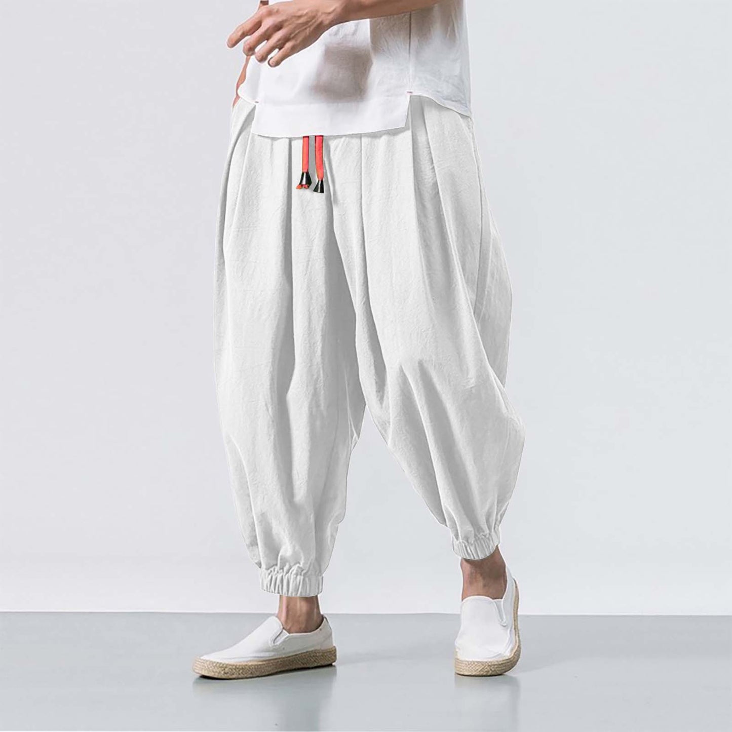 Chinese Style Japanese Style Linen Casual Pants Men's Cropped Loose Wide Leg Ankle-Tied Fat Fashion Brand plus-Sized plus Size Harem Pants