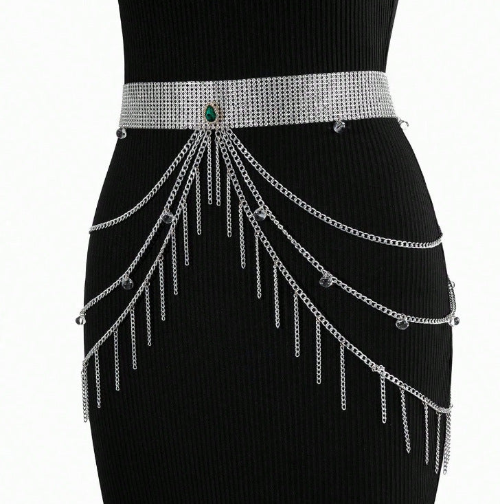 4553 New hot-selling rhinestone inlaid diamond cloth splicing metal tassel chain fashionable versatile waist chain belt body chain