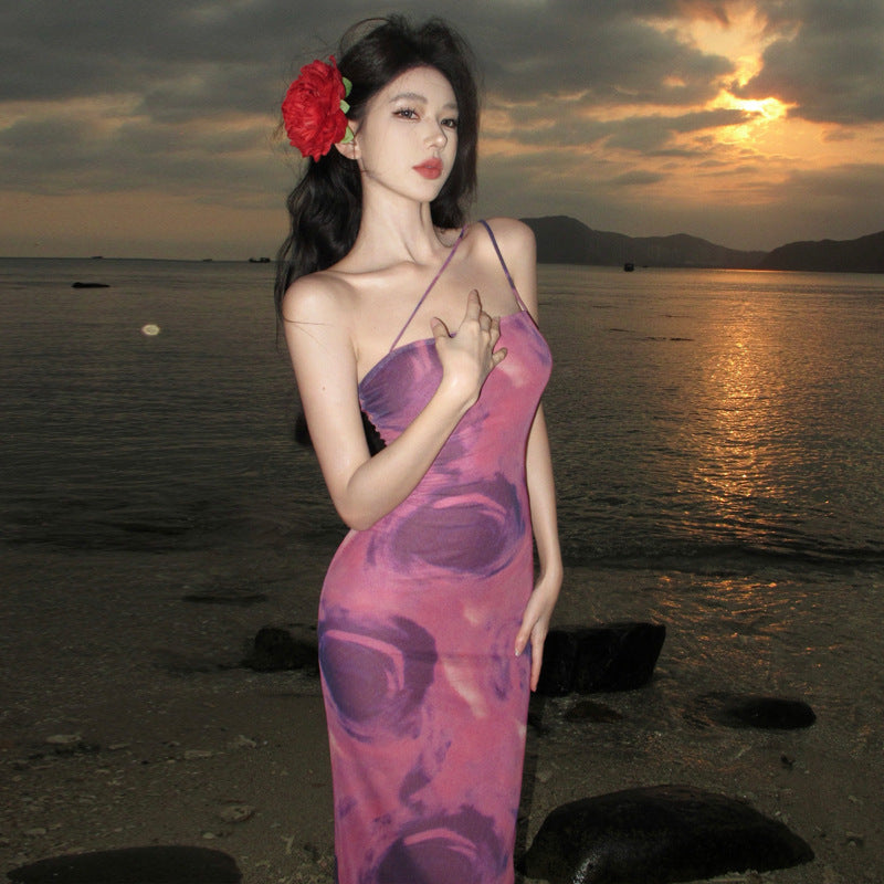 2025 Seaside vacation wind royal sister hot girl sexy one-word shoulder tube top dress suspender neck smudge slim hip skirt