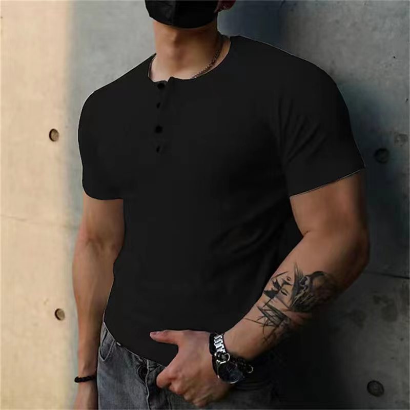 Coarse Thread 230G Cotton Heavy Henley Shirt  Cross-Border Men's T-shirt Solid Color Men's Retro Summer Short Sleeve Fitness