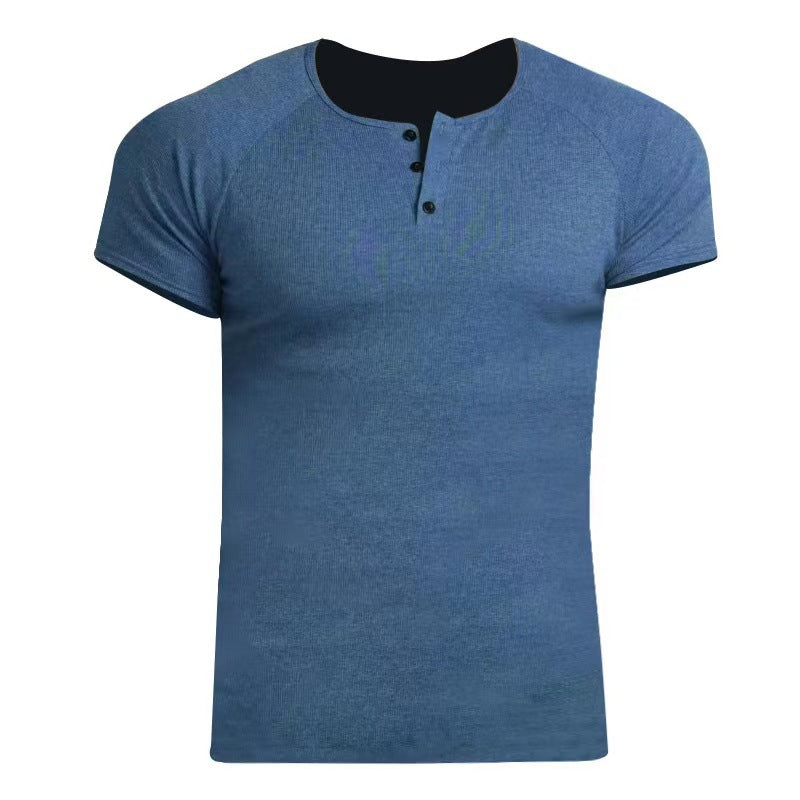 Coarse Thread 230G Cotton Heavy Henley Shirt  Cross-Border Men's T-shirt Solid Color Men's Retro Summer Short Sleeve Fitness