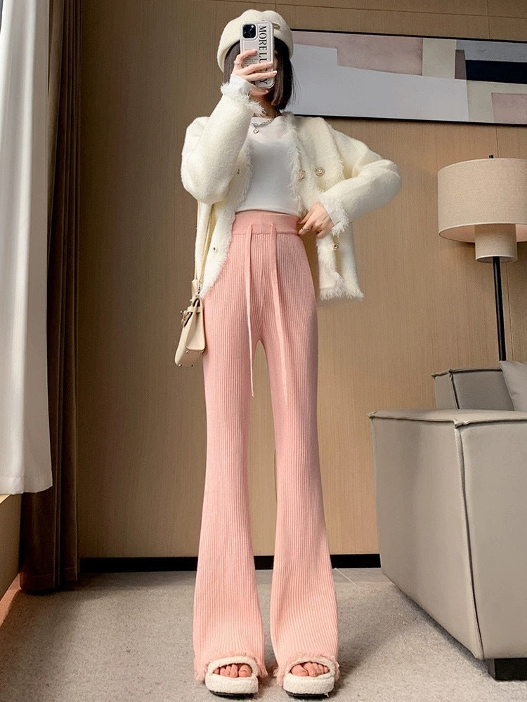 storexq Thickened Knitting Wide-Leg Pants Women's Autumn and Winter  New Draping Tassel Draggle-Tail Straight Trousers High Waist Casual Pants