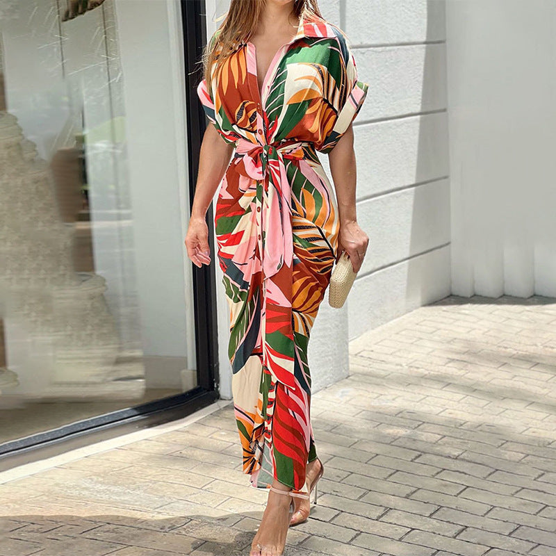 STOREXQ 2025 New  INS autumn new 2025 women's clothing printed lapel collar short sleeve high waist long shirt dress