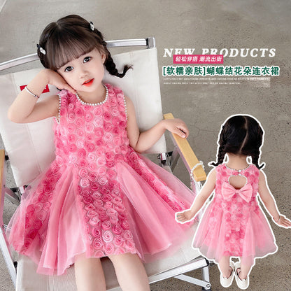 Girl's Rose Petals Princess Dress Summer Dress  New Children's Vest Dress Little Girl Trendy Mesh Dress