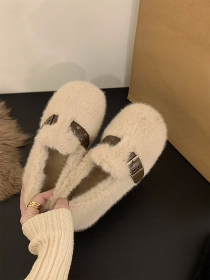 2025 Flat-bottomed plush Doudou shoes plush single shoes women's shoes popular new autumn and winter outer wear soft-soled cotton shoes fluffy shoes