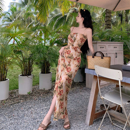 2025 coffee break falling flowers floral vacation suspender tube top dress female sexy high split ends waist thin hip skirt