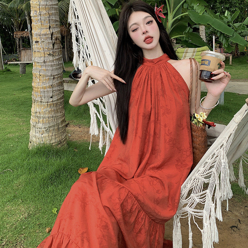 2025 New Chinese beautiful red sleeveless neck dress women's summer temperament high-end seaside vacation beach dress