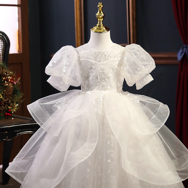 Children's Puff Sleeve Fashion White Wedding Dress Flower Girl Wedding Girl Girl Host's Dress Short Sleeve Princess Dress