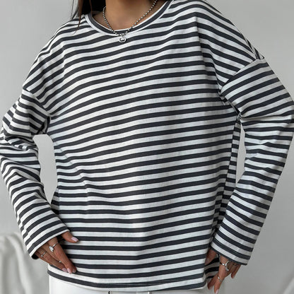 STOREXQ Classic loose round neck long-sleeved elastic black and white striped T-shirt popular Popularan, 2025n autumn and winter new New wholesale top