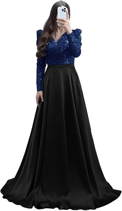 STOREXQ 2025 popular New high-waisted skirt set, base medium and long skirt, long-sleeved double-color temperament commuting deep V big pendulum dress