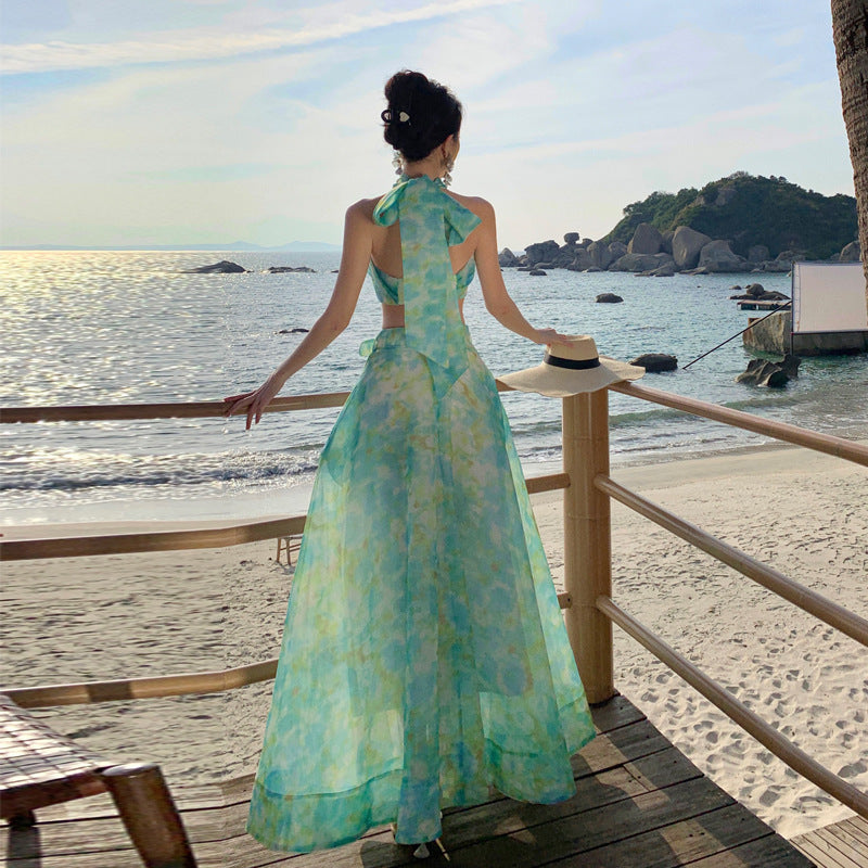 2025 Dopamine Island Wear Super Fairy Suit Female Summer Beautiful Green Printed Dress Vacation Wind Travel Skirt