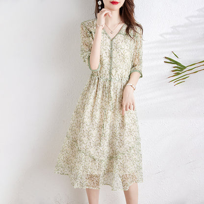 2025 Silk dress, gentle floral skirt, mulberry silk women's clothing, summer high-end skirt, summer female youth