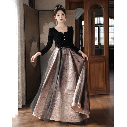 Black evening dress women's new art test light luxury niche high-end banquet host  high-end adult dress