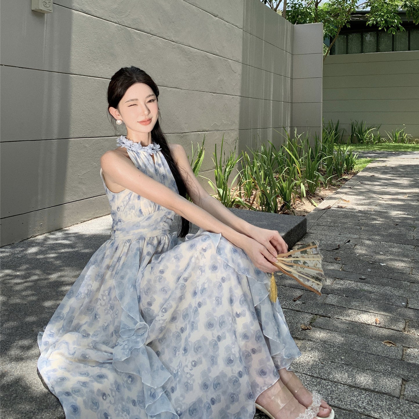 2025 Blue floral temperament off-the-shoulder stand-up collar printed ruffle edge dress neck long dress seaside vacation wind beach dress