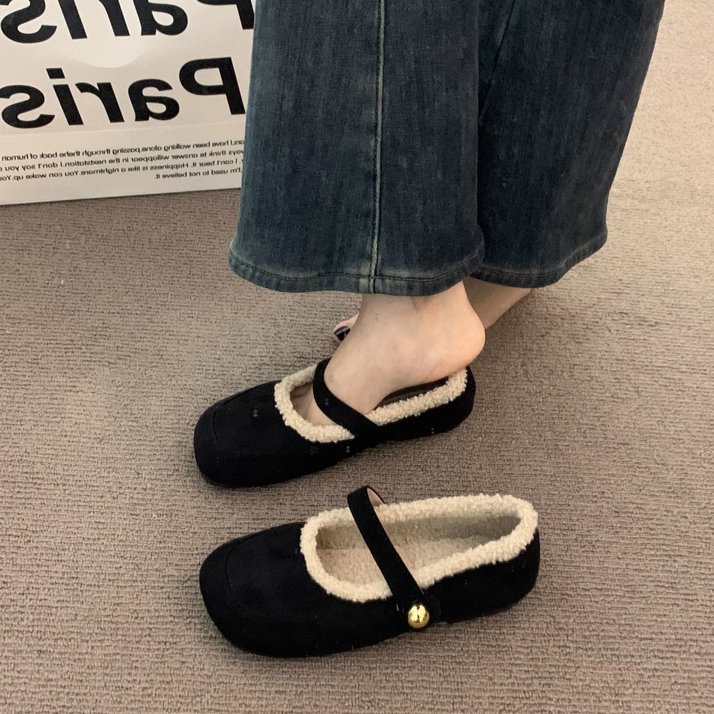 2025 Late evening wind retro brown thick-soled velvet Mary Jane shoes autumn and winter ugly cute fluffy shoes suede warm beanie cotton shoes