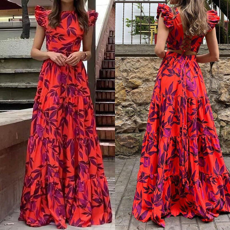 STOREXQ 2025 New   autumn 2025 women's clothing fashion printing flying sleeves high waist long pendulum dress