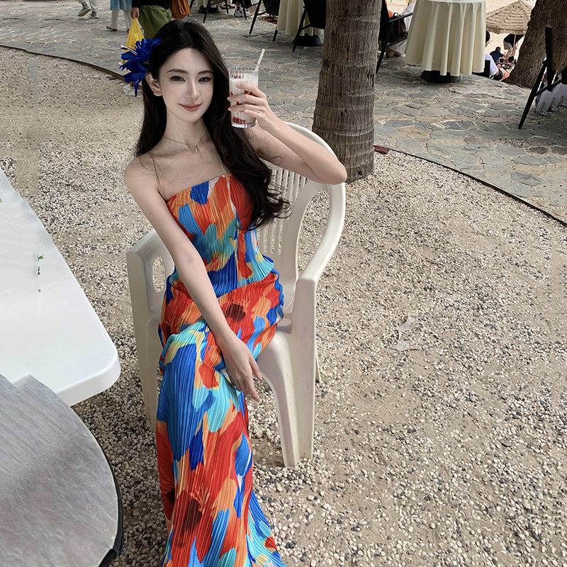 2025 Dopamine seaside vacation wear print tube top dress summer sexy royal sister temperament slim-fitting hip-wrapped dress