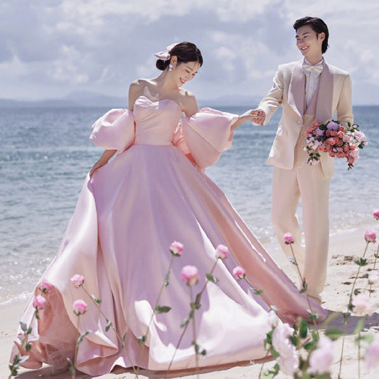 2025 Pink light wedding dress 2025 studio theme clothing satin long trailing tutu dress wedding dress seaside travel photography