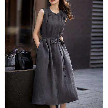 2025 Linen vest skirt, high-end lace-up waist sleeveless commuter dress, summer cotton and linen Hangzhou women's clothing