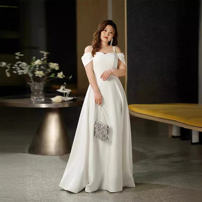 2025 Large size fat mm evening dress dress women's studio shooting engagement dress one-word shoulder  certificate registration small white dress