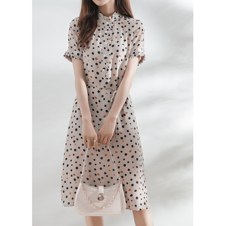 2025 Polka dot silk dress  summer new  temperament women's clothing, short-sleeved medium and long mulberry silk skirt