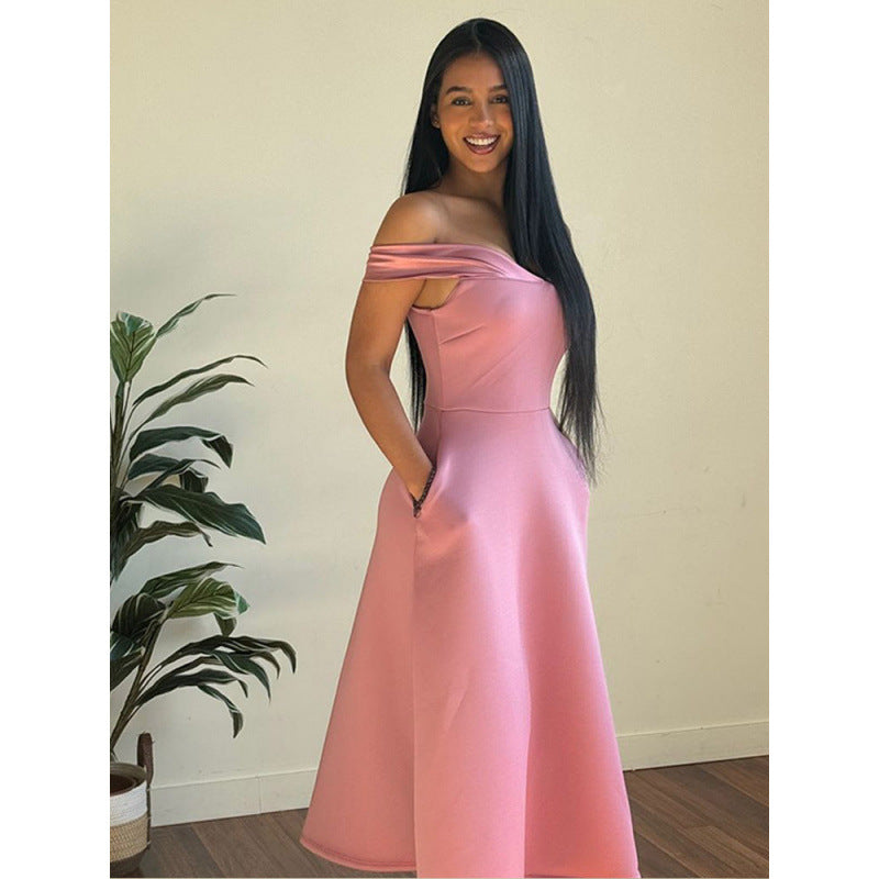 STOREXQ 2025 popular fashion temperament elegant and sexy New 2025 solid color sleeveless dress waist pink dress