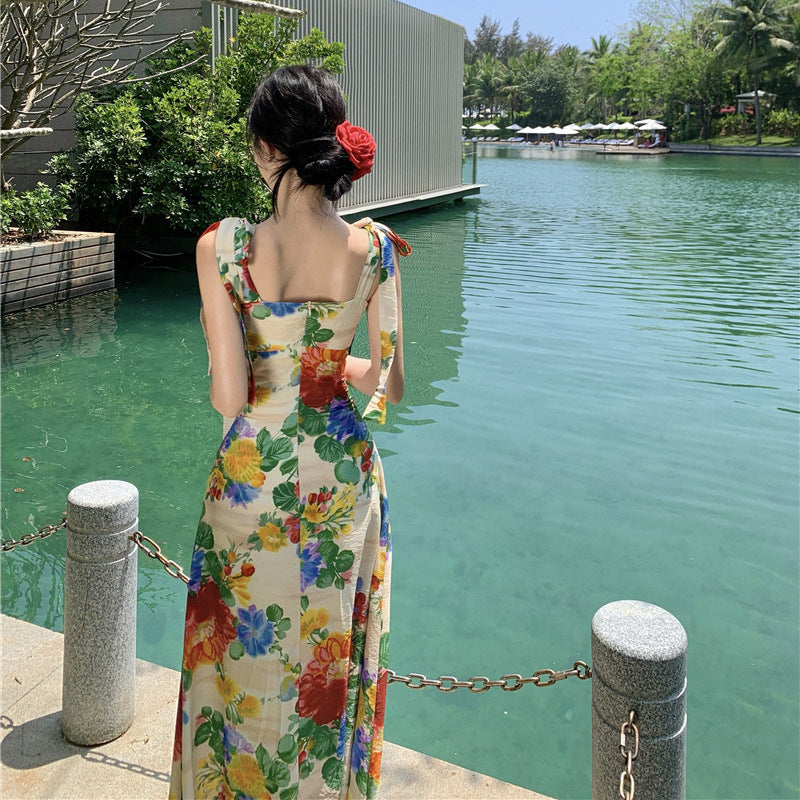 2025 vacation style retro printing suspender dress women's summer artistic sense big flower backless seaside photo dress