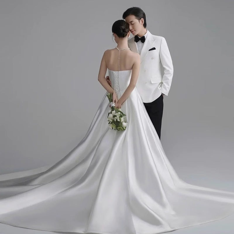 2025 satin wedding dress  new bride simple atmosphere tube top door yarn premium welcome dress light trailing