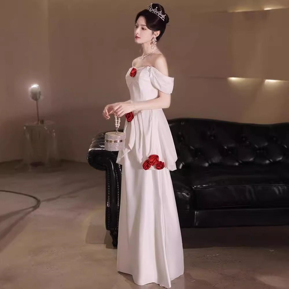 2025 White Evening Dress Sexy Celebrity Light Luxury Niche High-end Rose Flower Birthday Premium Dress Bar Mitzvah