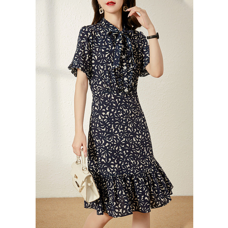 2025 Silk fishtail dress bow floral dress  summer women's clothing mulberry silk medium and long first love coffee break dress